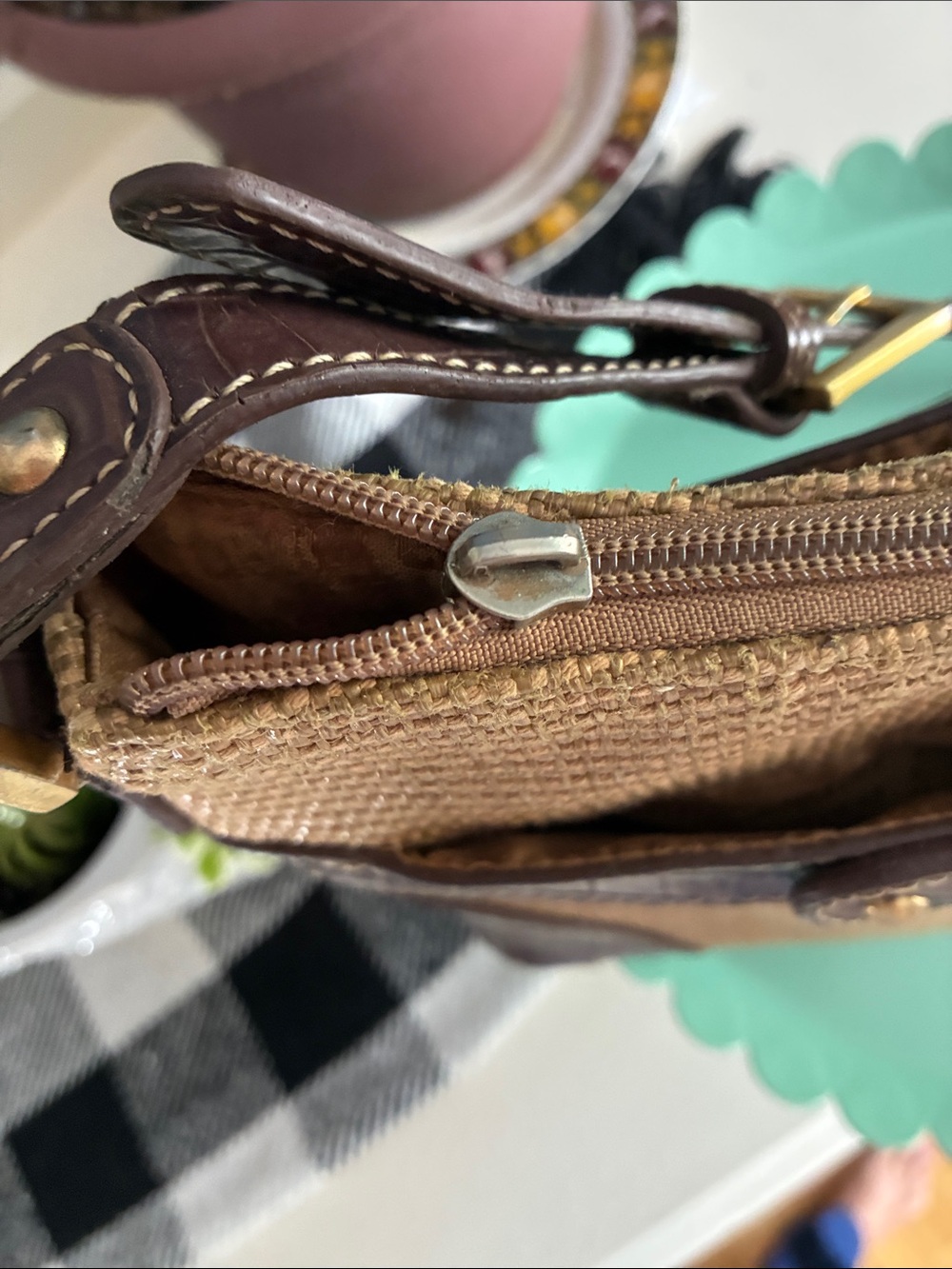 Vintage Etienne Aigner Handbag Straw/Burlap Faux Croc Trimmed Shoulder Bag - Picture 6 of 8